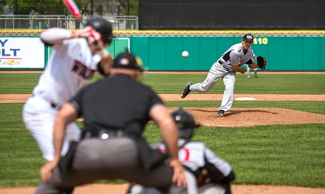 Senior Colben McGuire pitched eight innings and allowed only two runs as NNU beat WOU 3-2 in game one Thursday.